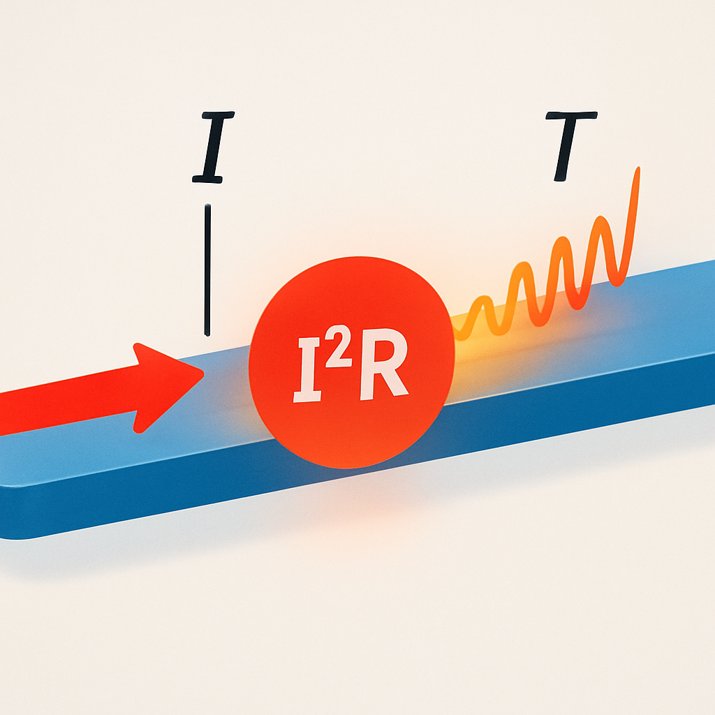 Schematische Illustration: Stromfluss durch eine Leiterbahn mit hervorgehobener Verlustleistung (I²R) und Temperaturanstieg entlang der Länge