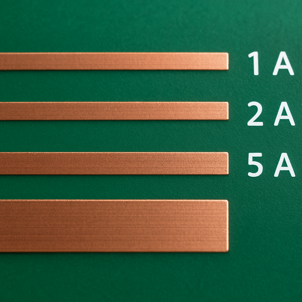 Vergleichsbild: Mehrere Leiterbahnen mit Beschriftung der empfohlenen Breiten für 1 A, 2 A, 5 A auf 1 oz-Kupfer