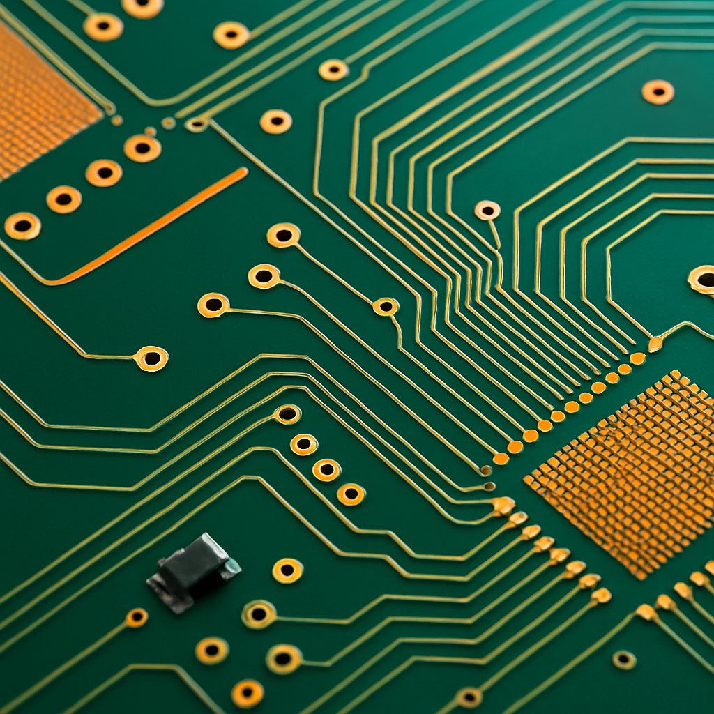 Foto einer realen Platine mit hervorgehobenen Versorgungsbahnen, Masseflächen und schmalen Signalleitungen