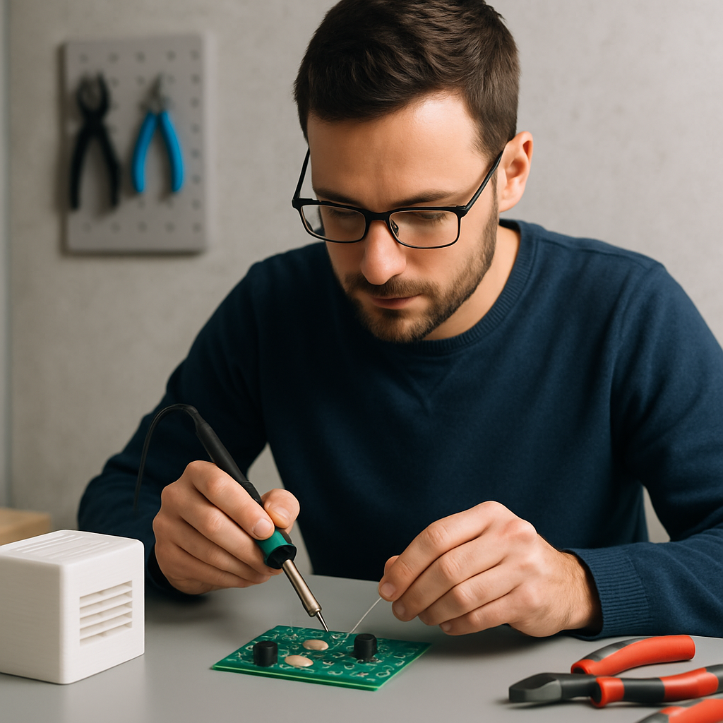Ein Maker an einem Arbeitstisch, der eine einseitige Platine bestückt; im Hintergrund ein 3D-gedrucktes Gehäuse und Werkzeug