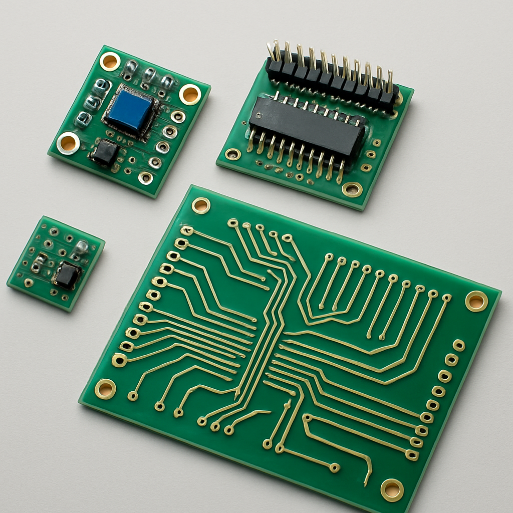 Collage aus Beispielen: ein kleines Sensorboard, ein Reparatur-Adapter und eine Lehrplatine mit gut sichtbaren Leiterbahnen