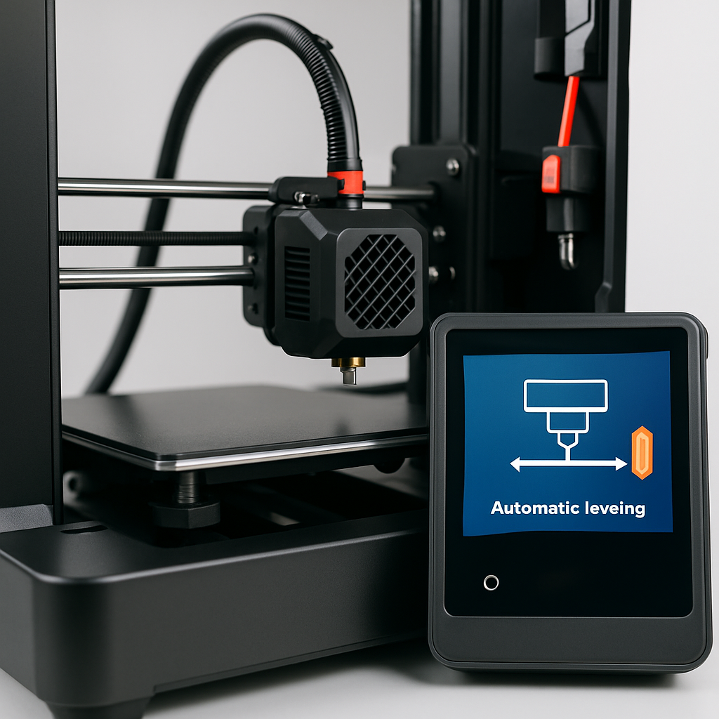 Nahaufnahme eines modernen FDM-Druckers mit offenem Panel, das automatische Nivellierung und Filamentsensor anzeigt