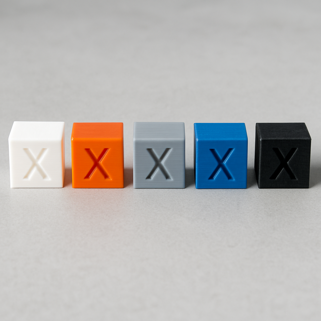 Vergleichsbild: fünf kleine Testkörper aus PLA, PETG, ASA, TPU und Carbon‑gefülltem Filament nebeneinander, beschriftet