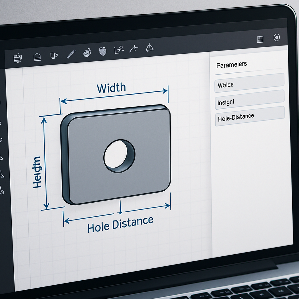 Screenshot eines parametrischen CAD-Programms (schematisch), mit sichtbaren Parametern wie Breite, Höhe, Lochabstand