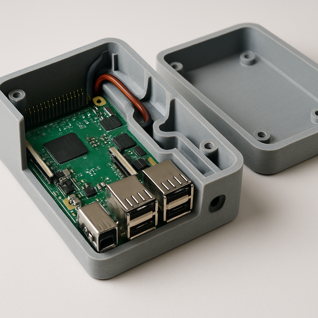 Ein aufgeschnittener 3D-gedruckter Gehäuseprototyp für einen Raspberry Pi, mit Kabelkanal und Schraubenaufnahme sichtbar