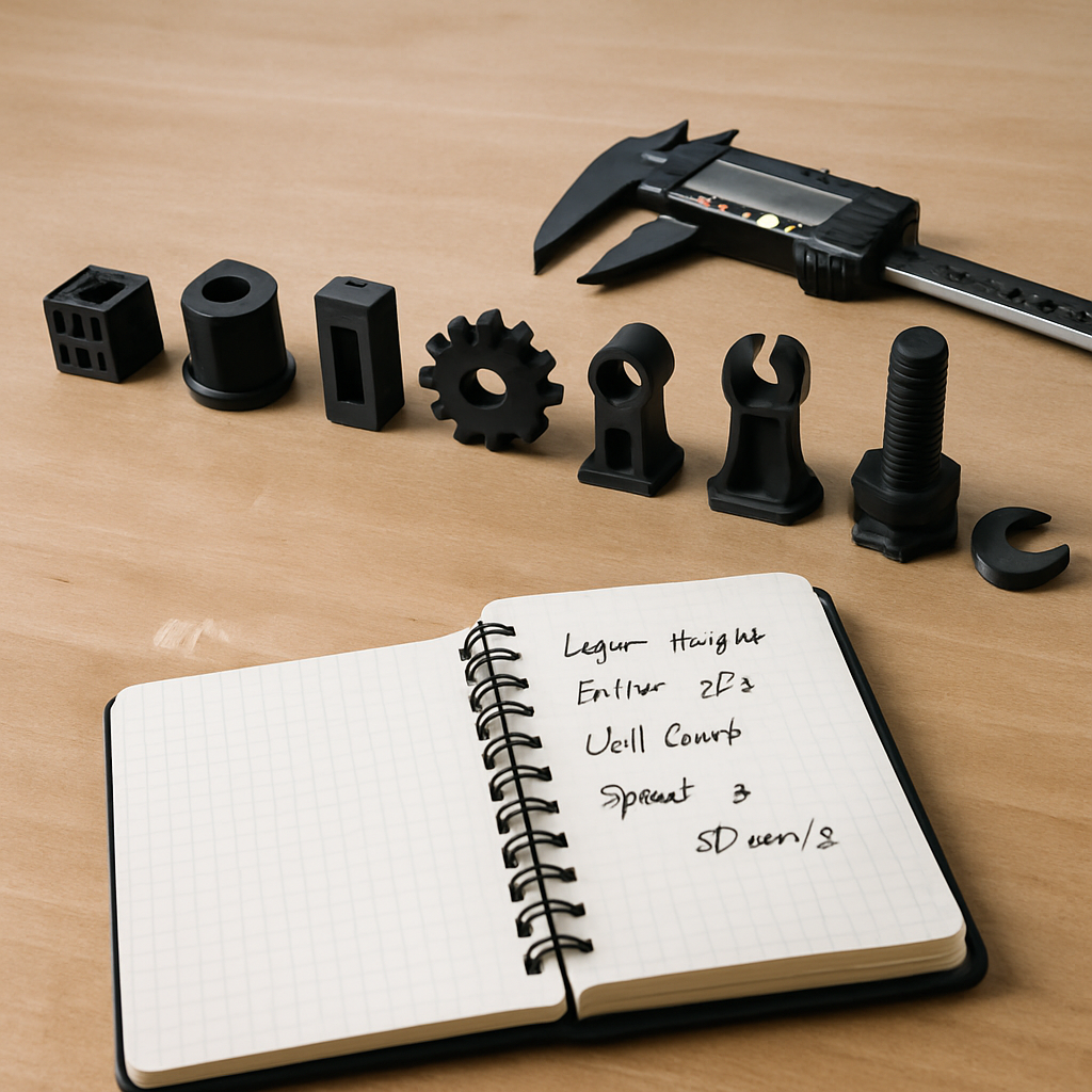 Eine Werkbank mit aufgereihten Testdrucken, Messschieber und einem Notizbuch mit Angaben zu Druckparametern