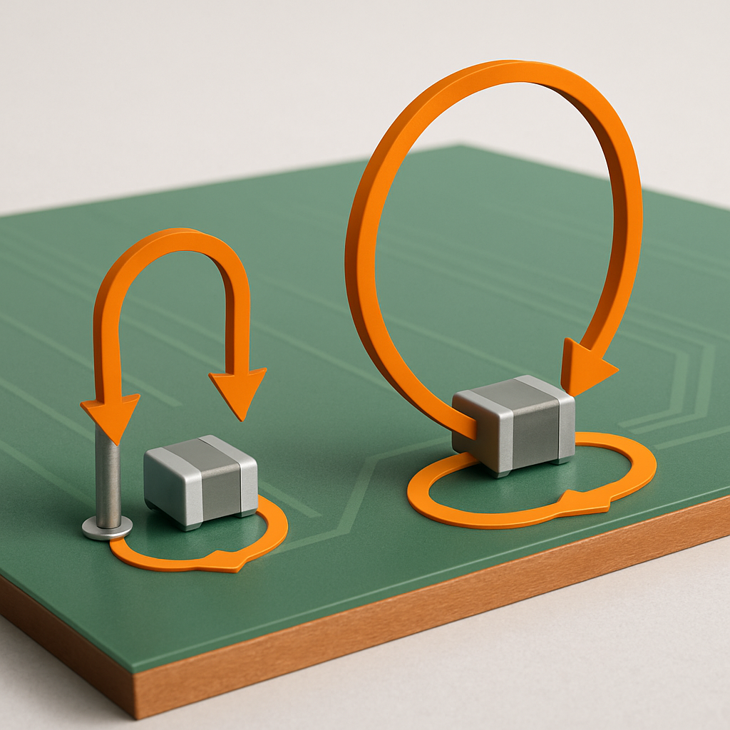 Cutaway illustration showing current loops: supply pin to capacitor, back through ground plane, highlighting a small loop area vs. a large loop area