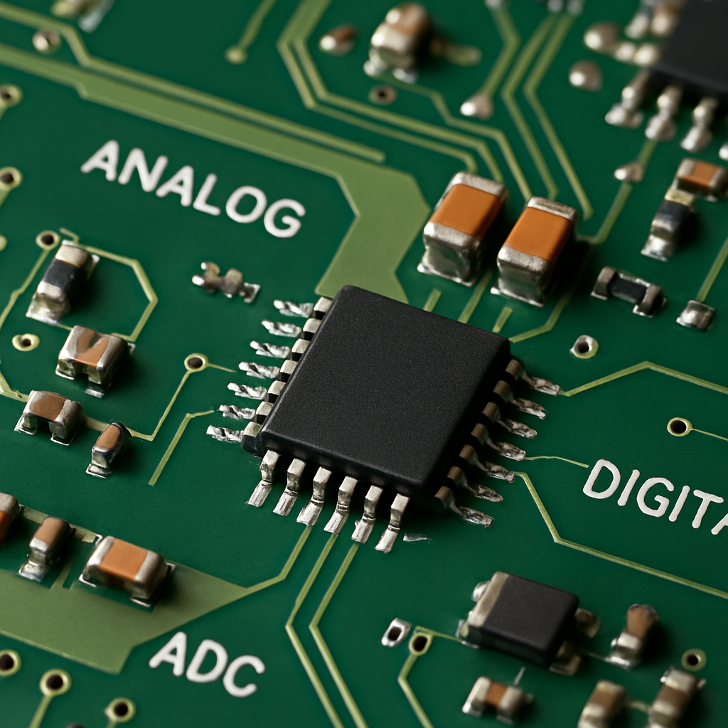 A mixed-signal PCB close-up showing separate analog and digital ground areas with clear decoupling caps on analog reference and ADC supply pins