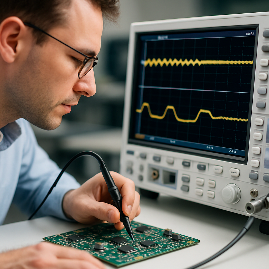 An engineer using an oscilloscope with a ground-spring probe on a PCB, comparing supply ripple before and after moving a decoupling capacitor