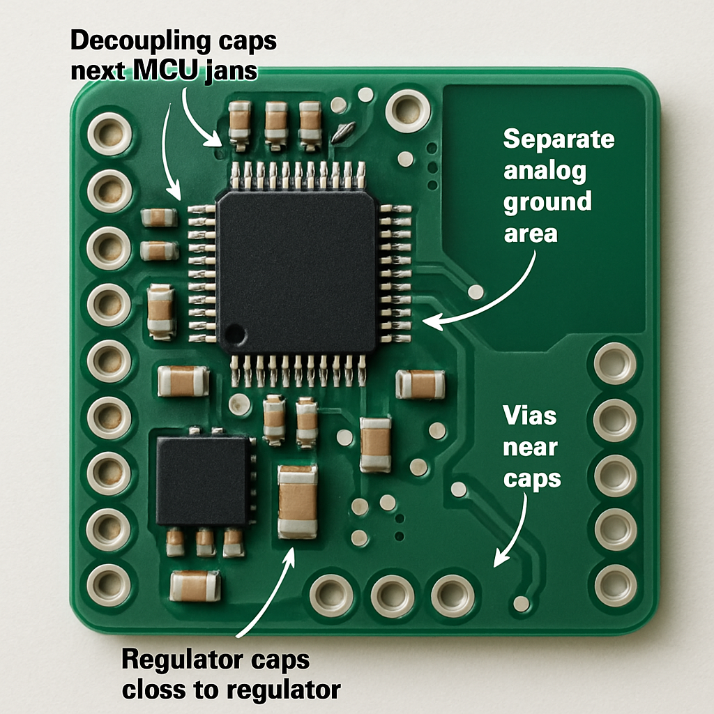 Top-down photo of a finished small development board annotated: decoupling caps near MCU pins, regulator caps close to regulator, vias near caps, and separate analog ground area