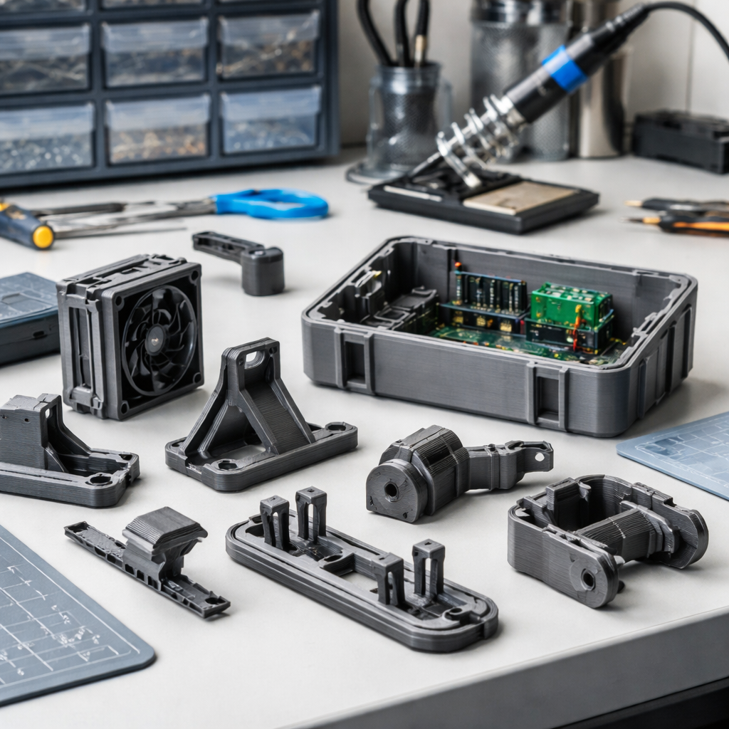 Ein Montagearbeitsplatz mit mehreren funktionalen 3D‑Druckteilen: Schraublaschen, Clips und Gehäuseteile, einige Teile zeigen Verstärkungsrippen und Aussparungen für Elektronik