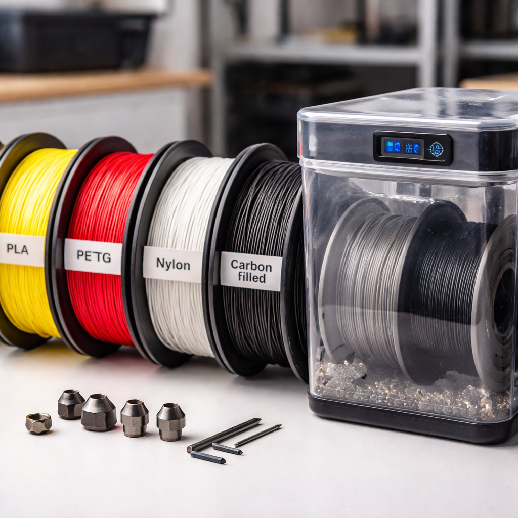 Makroaufnahme verschiedener Filamentrollen mit Beschriftung — PLA, PETG, Nylon, Carbon‑gefüllt — daneben ein Satz gehärteter Düsen und ein feuchtegedichtetes Filamentbox