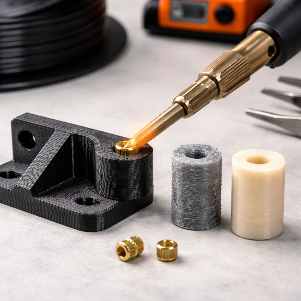 Schrittfolge: Einsatz eines Gewindeeinsatzes in ein gedrucktes Bauteil (Erwärmen/Einpressen) neben einem Probestück vor und nach dem Tempern