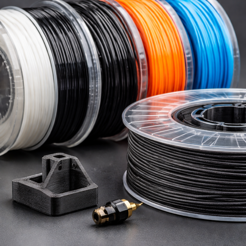 A close-up of different filament spools (PLA, PETG, Nylon, ASA) and a sample of carbon-fiber reinforced filament next to a hardened nozzle