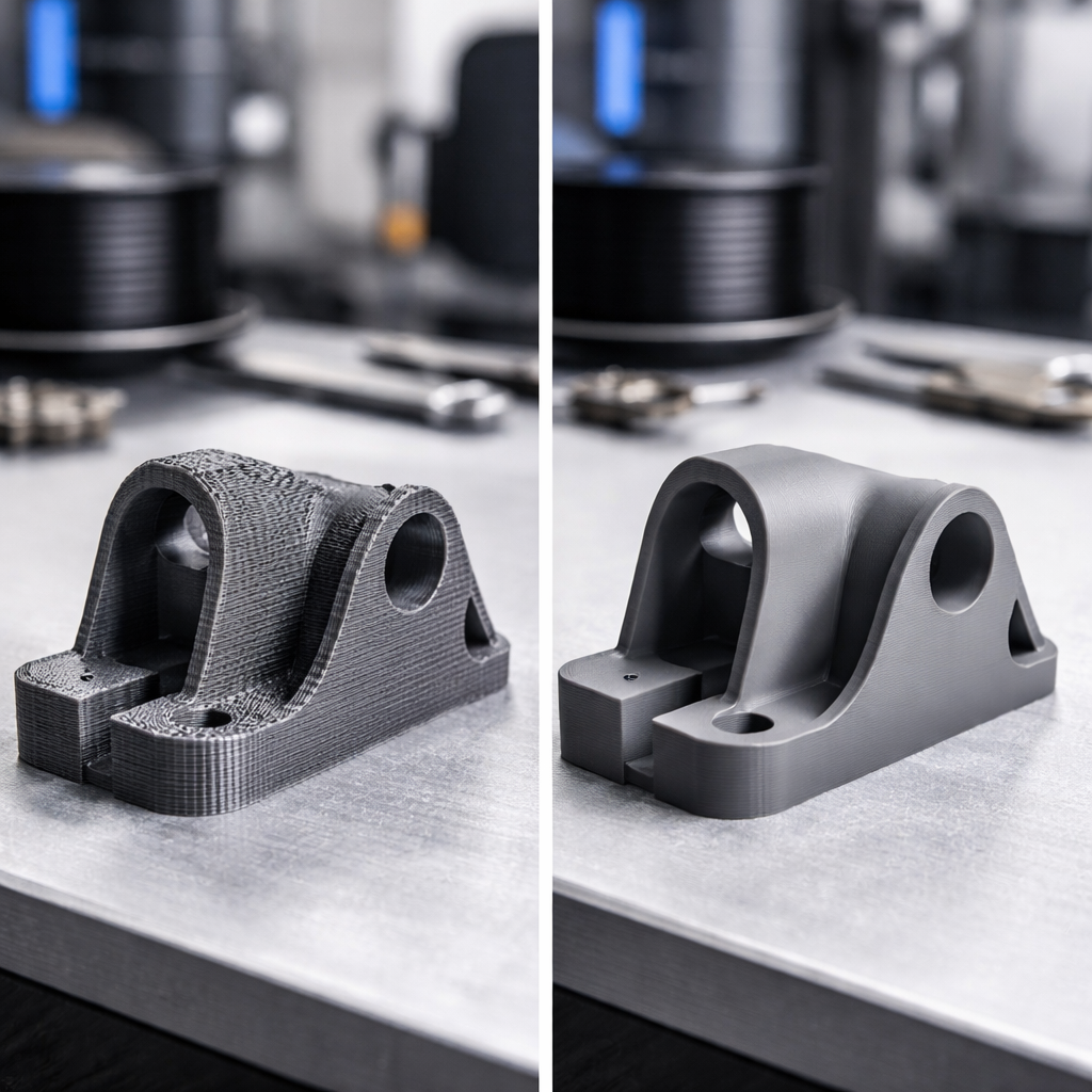 Split-screen image showing a fast-printed part with visible layer artifacts and a slower-printed part with smooth finish