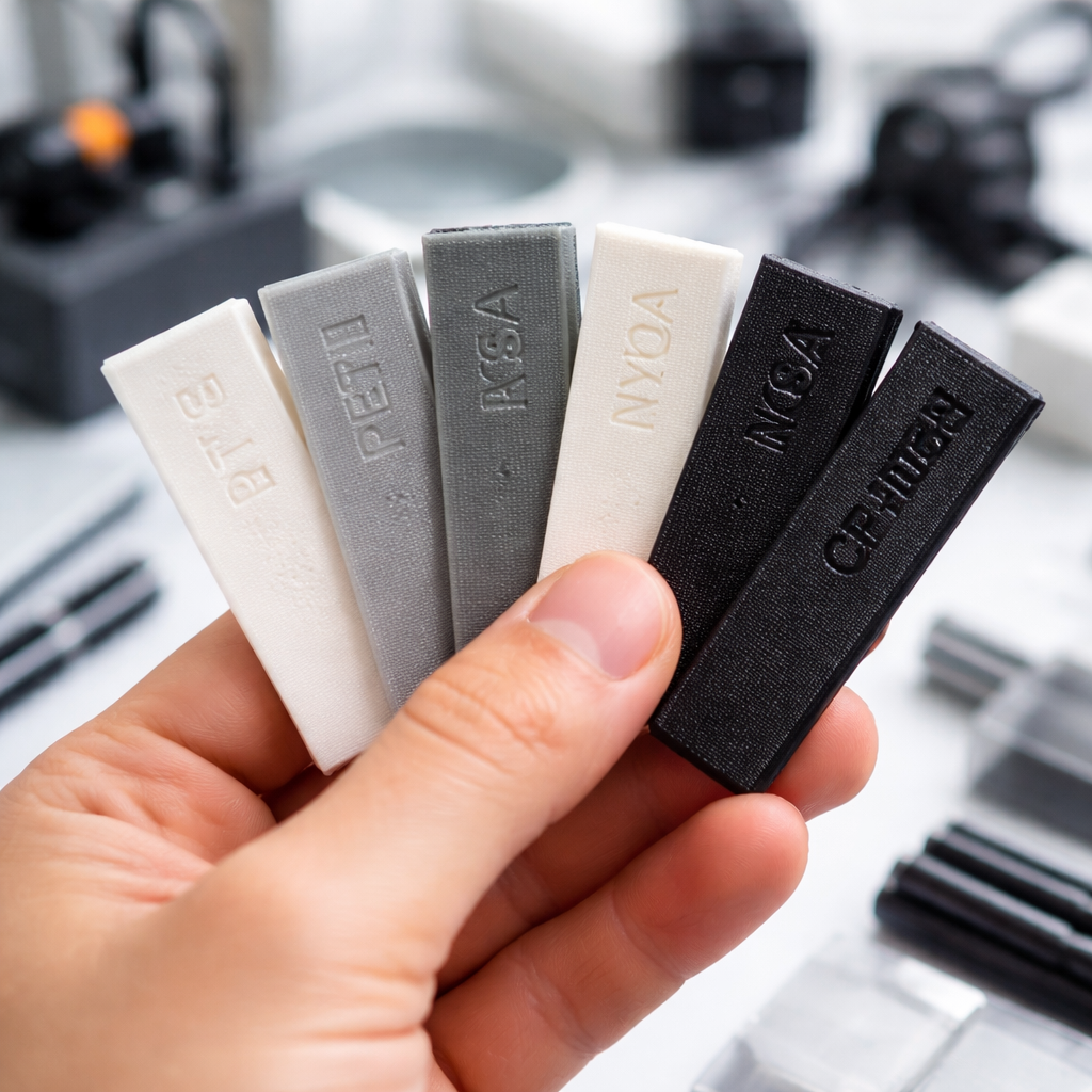 Hand holding a set of small printed test specimens labeled PLA, PETG, ASA, Nylon, and CF-reinforced with visible surface differences