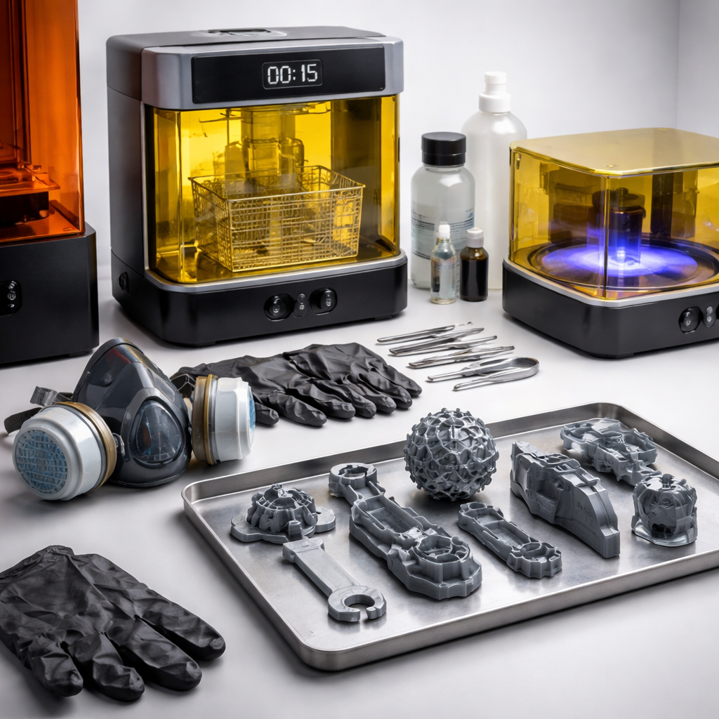 Resin printing station showing gloves, mask, wash station and cured resin parts laid out neatly