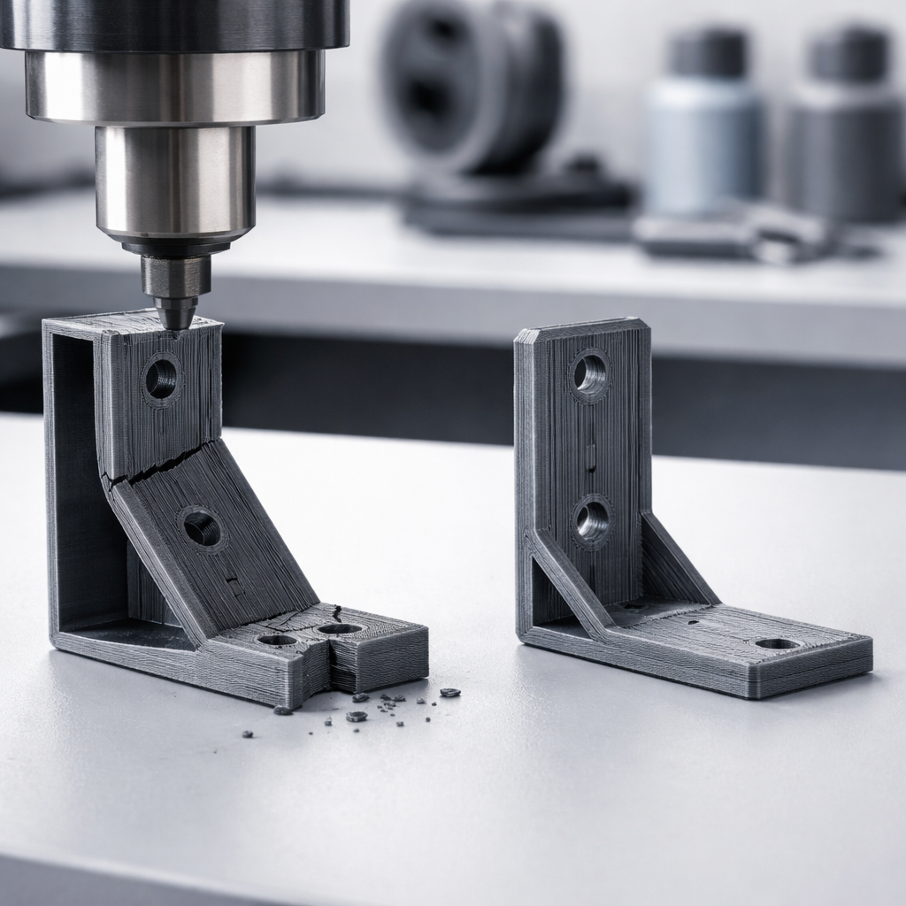 Two L-shaped brackets printed in different orientations; one broken at the corner during a bending test, the other intact