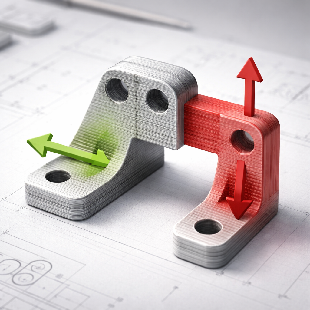 Illustration eines Bauteils mit Pfeilen, die Belastungsrichtungen zeigen; deutlich markiert: Belastung in Schichtebene vs. quer zur Schicht