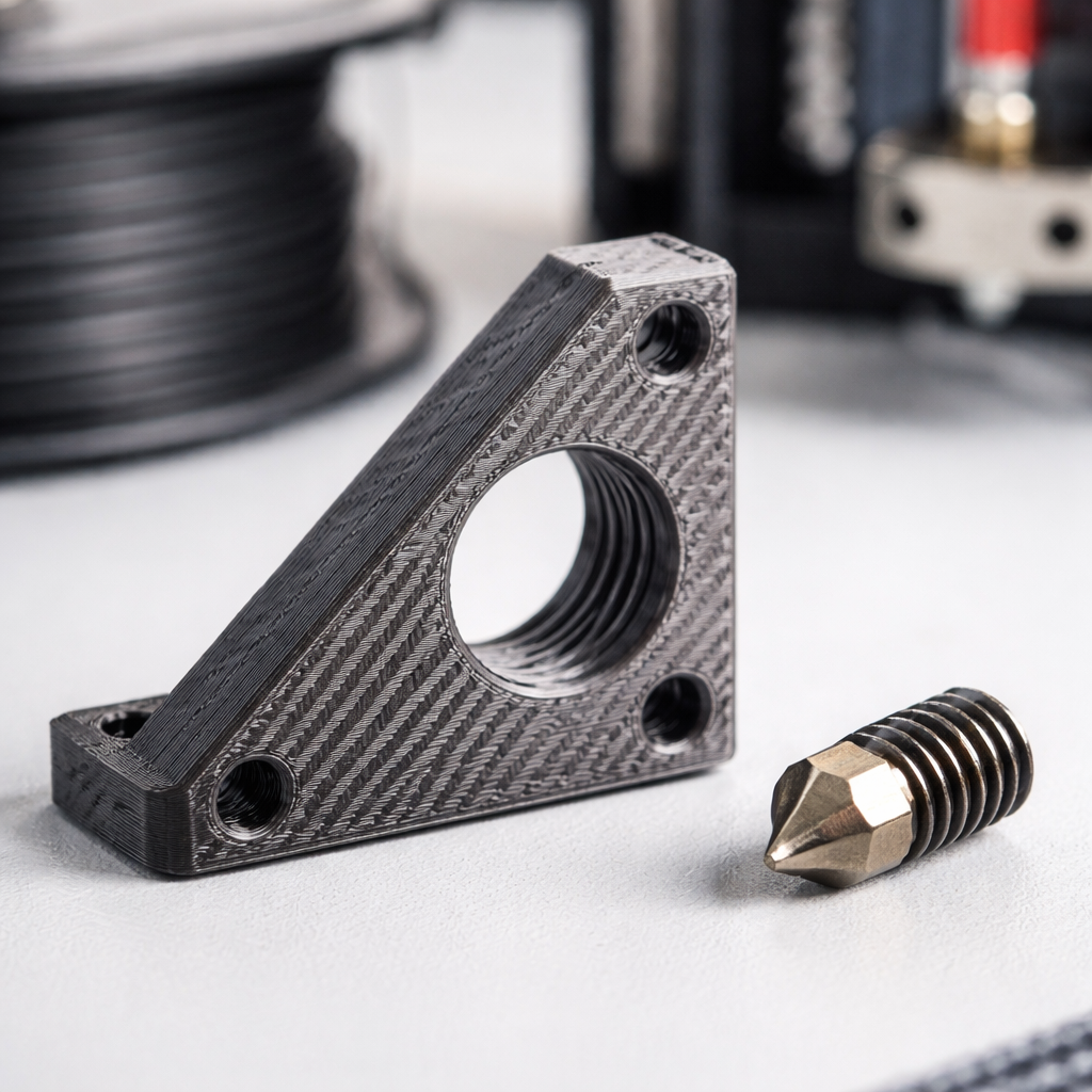 Foto eines gedruckten Teils aus kohlefaserverstärktem Filament neben einer gehärteten Düse