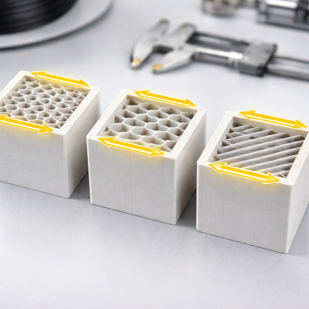 Grafik, die verschiedene Infill-Muster zeigt (Hexagon, gyroid, Linien) mit Kennzeichnung, wo Außenwände wichtiger sind