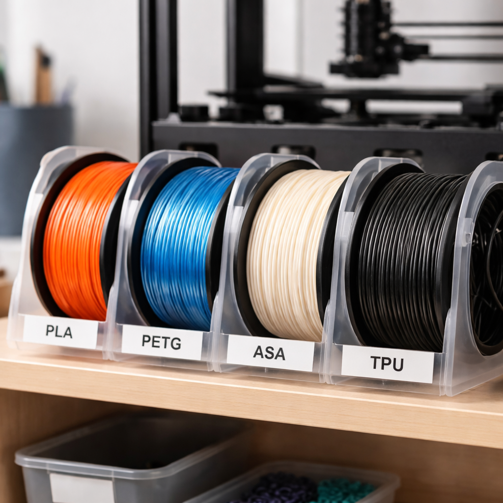 Nahaufnahme verschiedener Filamentspulen (PLA, PETG, ASA, TPU) auf einem Regal, gut beschriftet