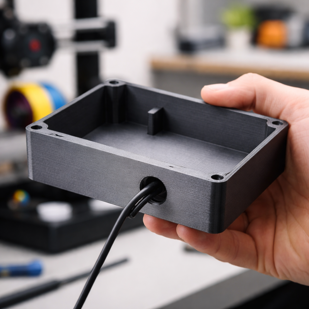 Eine Hand hält ein gedrucktes PETG-Gehäuse; im Vordergrund ist die glatte Oberfläche und ein Kabeldurchlass zu sehen