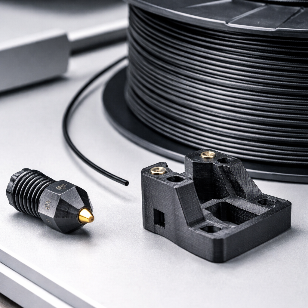 Beispiel einer gehärteten Stahl-Düse und Kohlefasergefülltes Filament neben einem kleinen Bauteil