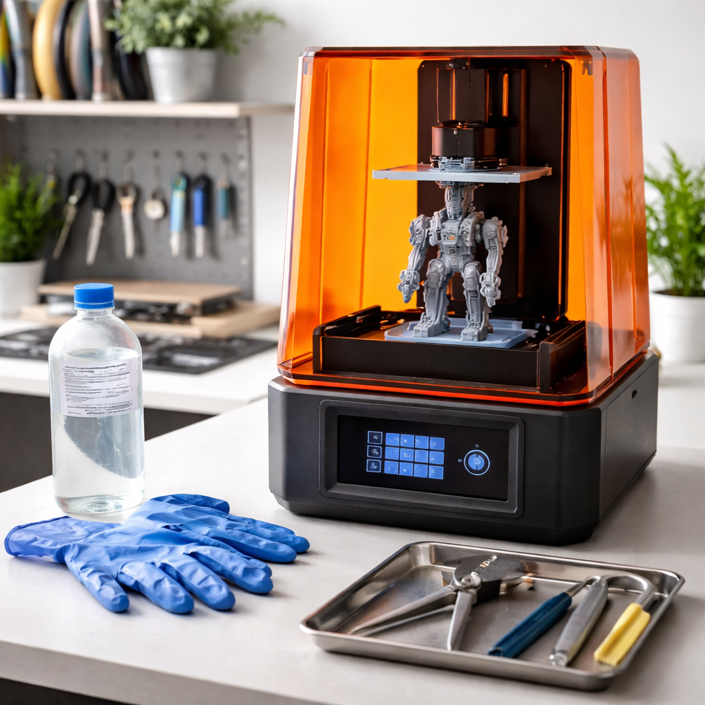 Ein Resin-Drucker an einem Arbeitsplatz, daneben Handschuhe und Isopropylalkohol für die Nachbearbeitung