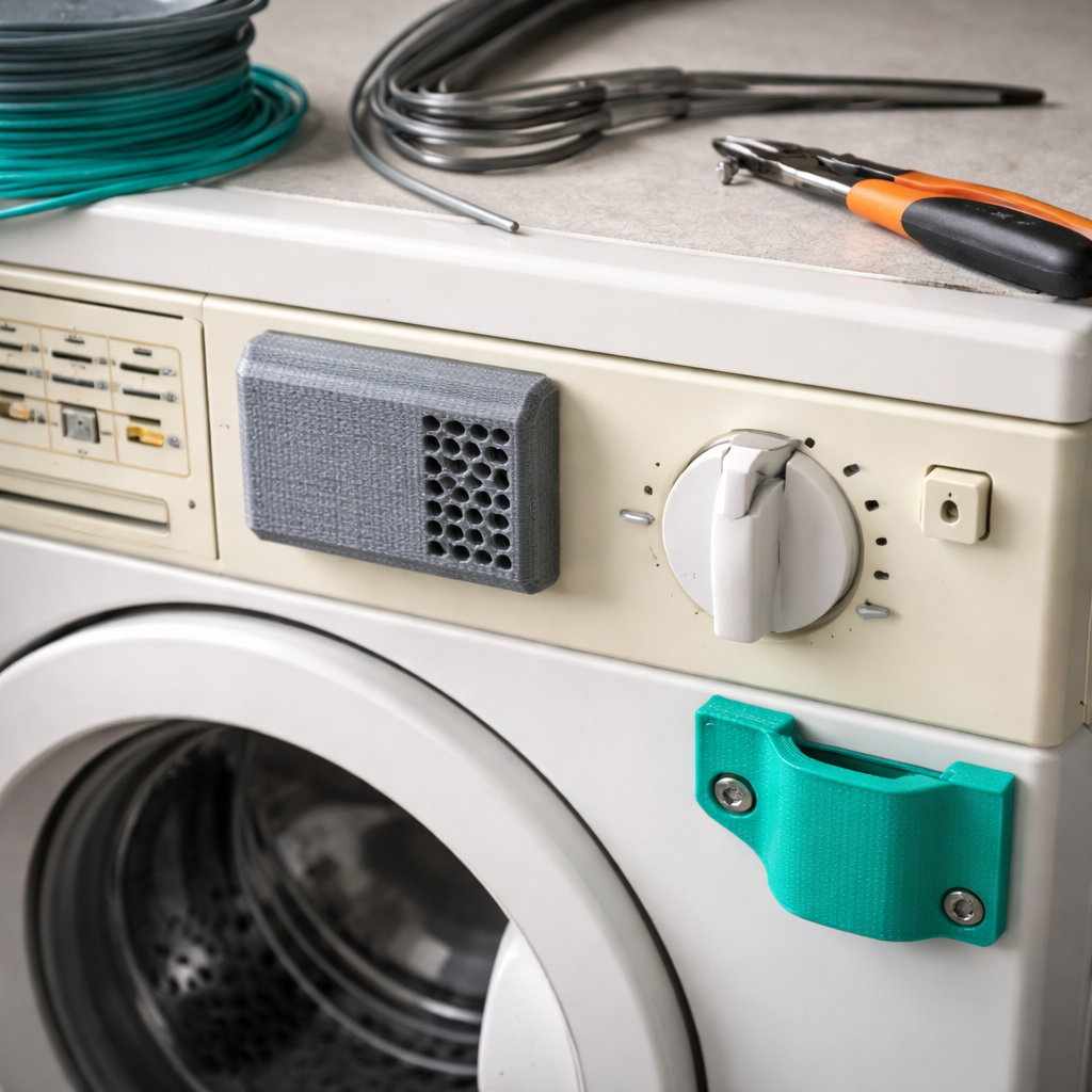 Gedruckte Ersatzteile (Clip, Abdeckung, Halter) an einem alten Haushaltsgerät; das Gerät ist deutlich älter, das Bauteil frisch gedruckt