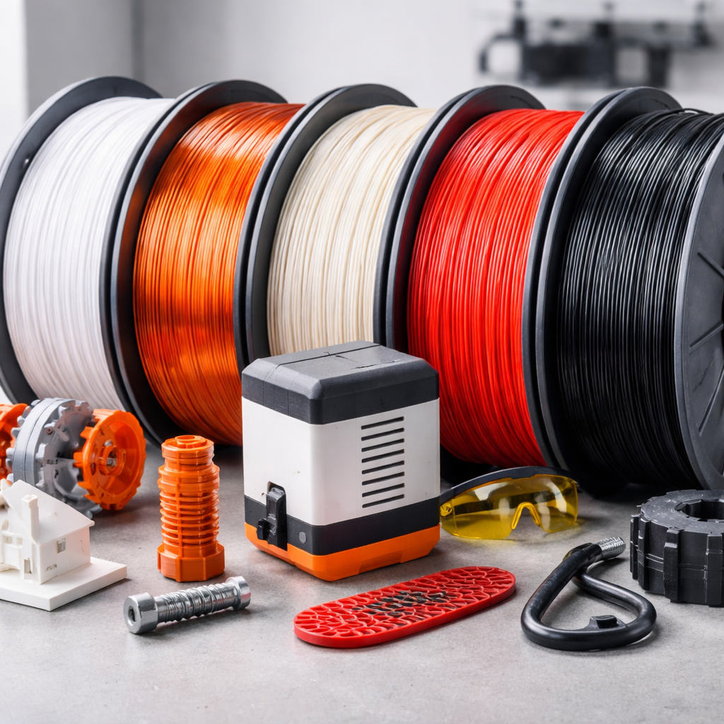 Verschiedene Filamente nebeneinander: PLA, PETG, ASA, TPU, Nylon. Beschriftungen zeigen typische Einsatzbereiche wie 'Prototyp', 'Outdoor', 'flexibel'