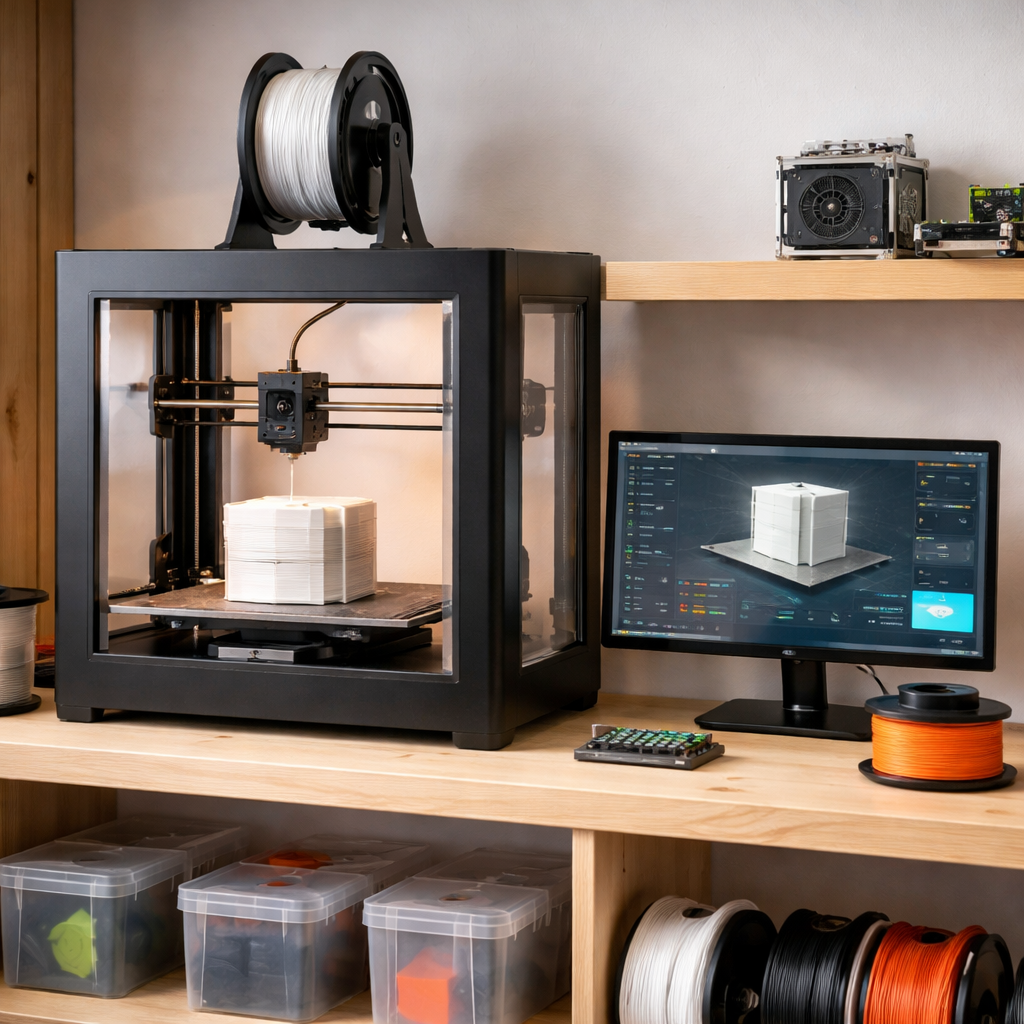 Ein heimischer Drucker im Regal, gesteuert über Raspberry Pi mit offenem Dashboard auf dem Bildschirm