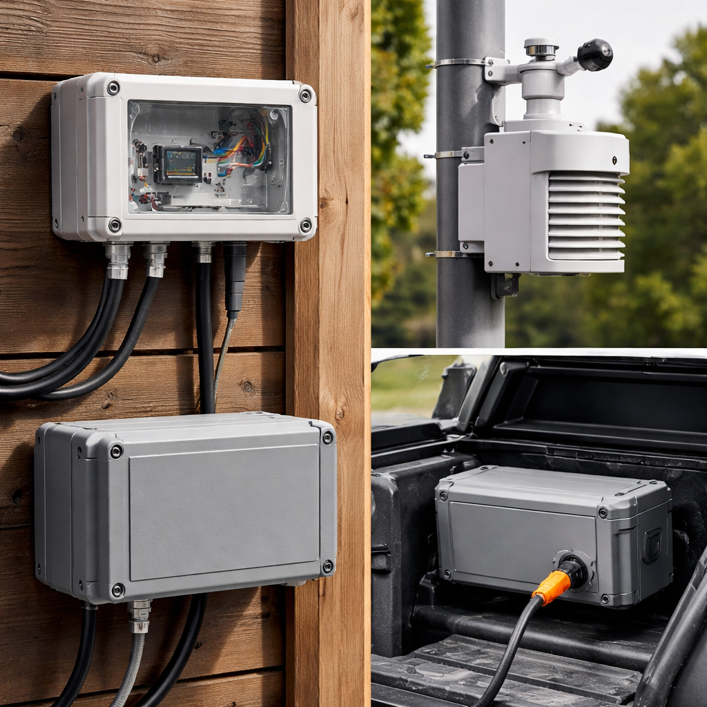 Mehrere gedruckte ASA‑Gehäuse in Außenanwendungen — Wetterstation, Gartensteuerbox, Fahrzeugbox — mit sichtbaren Montagelöchern und Dichtungen