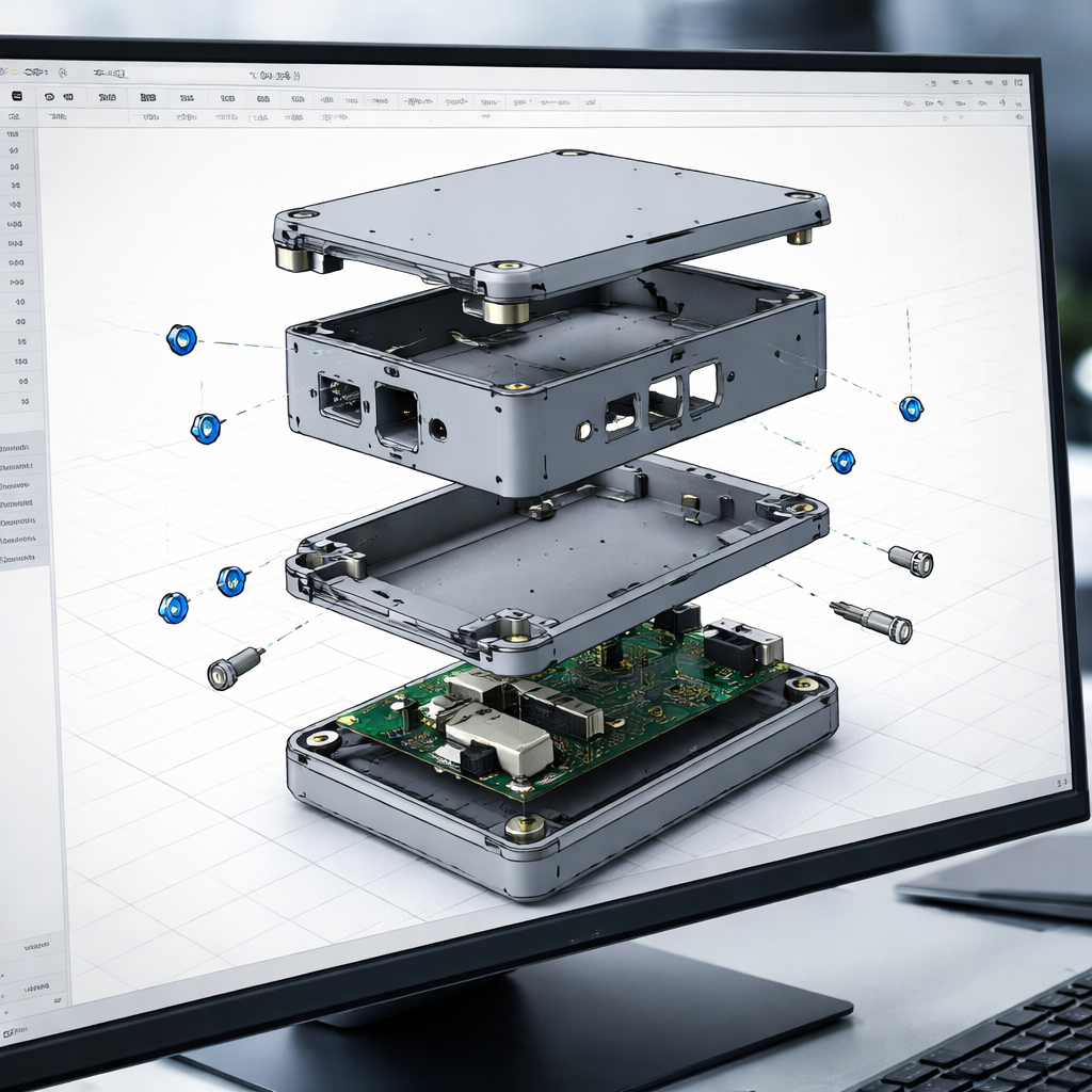 CAD‑Screenshot eines parametrischen Gehäusedesigns mit markierten Bohrungen, Steckeröffnungen und einer Explosionsansicht der einzelnen Teile
