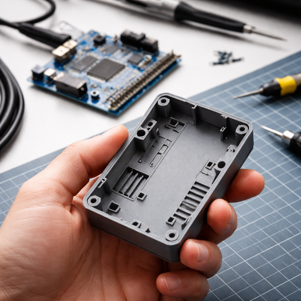 Nahaufnahme einer Hand, die eine gedruckte Elektronik‑Gehäusehälfte hält; im Hintergrund ein Mikrocontroller-Board und Werkzeuge