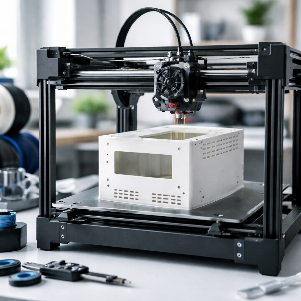 Ein moderner CoreXY-Drucker in Aktion, der gerade ein Gehäuse druckt; Bewegungsschärfe sichtbar