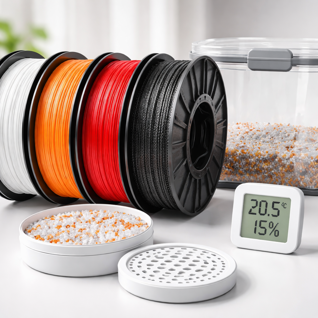 Mehrere Filamentspulen nebeneinander (PLA, PETG, TPU, Kohlefasergefüllt), dazu ein geöffnetes Hygrometer und ein Trockenbehälter