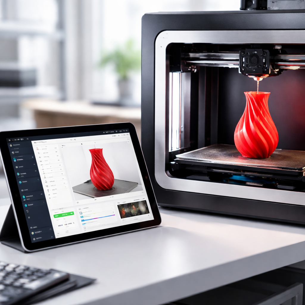 Screenshot einer Weboberfläche (z. B. OctoPrint-ähnlich) auf einem Tablet neben einem Drucker, der einen laufenden Druck anzeigt