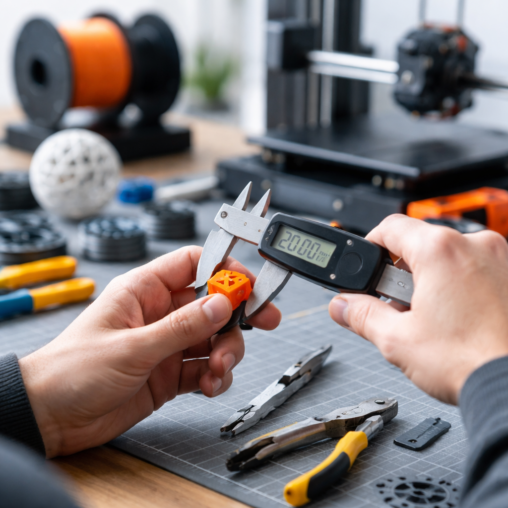 Person, die einen kleinen Kalibrierwürfel mit einem Messschieber vermisst, gedruckte Teile und Werkzeuge im Hintergrund