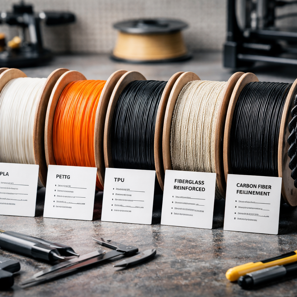 Nahaufnahme verschiedener Filamenttypen auf einer Werkbank: PLA, PETG, TPU, eine Rolle glasfaserverstärktes Filament und eine Rolle carbonfaserverstärktes Filament – jedes mit beschrifteter Karte mit den wichtigsten Eigenschaften.