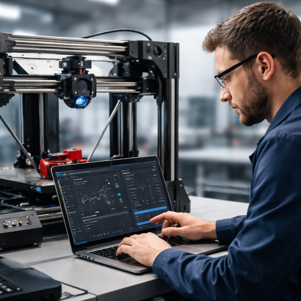 Ein Arbeiter kalibriert mit einem Laptop einen 3D‑Drucker; auf dem Bildschirm sind Einstellungen für Input Shaping und Beschleunigung zu sehen.