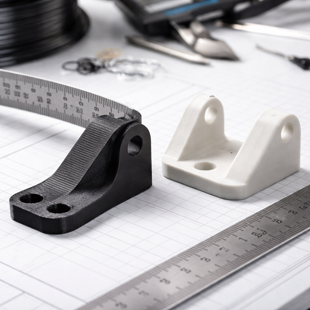 Close‑up eines gedruckten Bauteils aus glasfaserverstärktem Filament neben einem aus PLA; ein Lineal zeigt deutlichere Steifigkeit und eine matte Oberfläche beim Glasfaserteil.