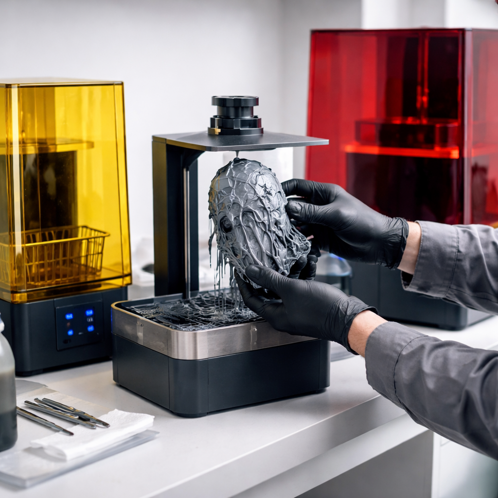 Worker wearing gloves handling a resin print; a wash and cure station is visible beside the LCD printer. The scene emphasizes safety and clean workflow.