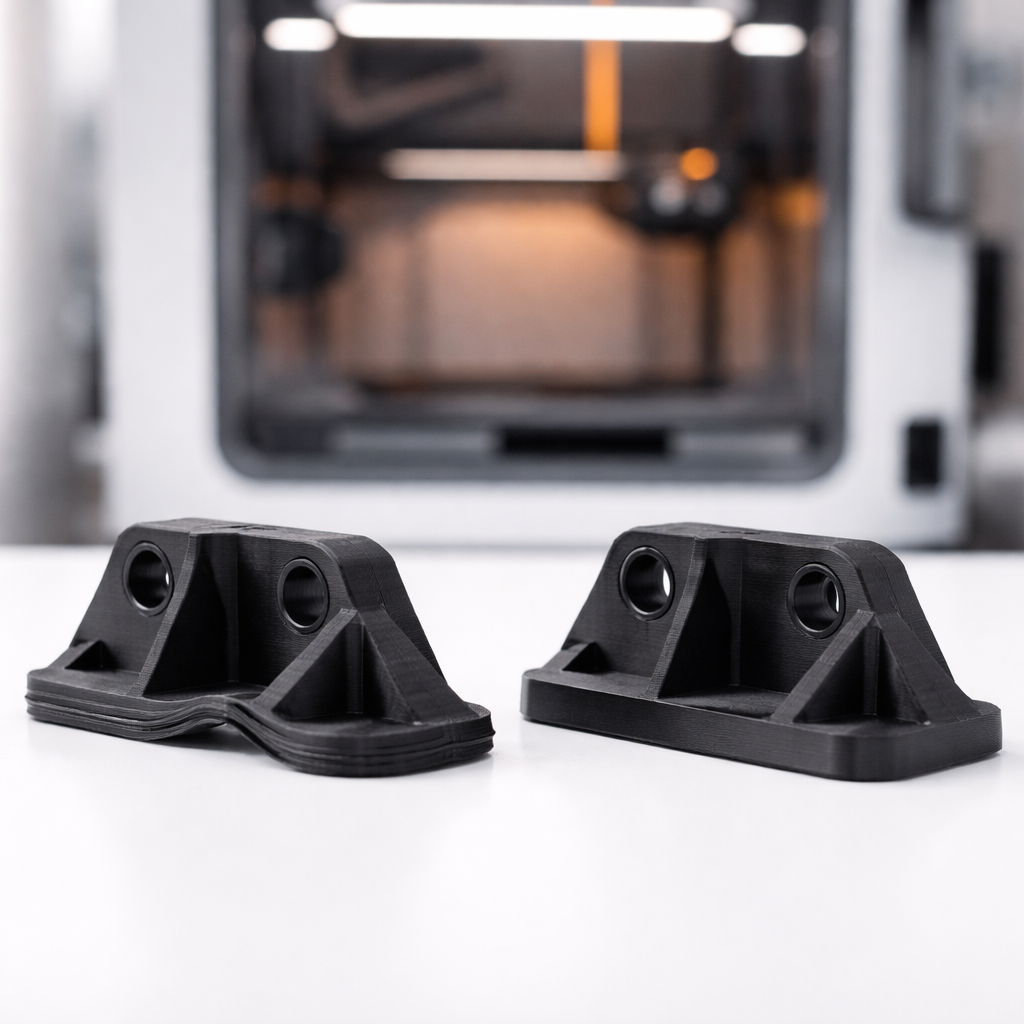 Nahaufnahme eines verformten ABS-Teils mit deutlichem Warping und daneben ein sauberes, unverzerrtes Teil, gedruckt in einer kontrollierten Einhausung.