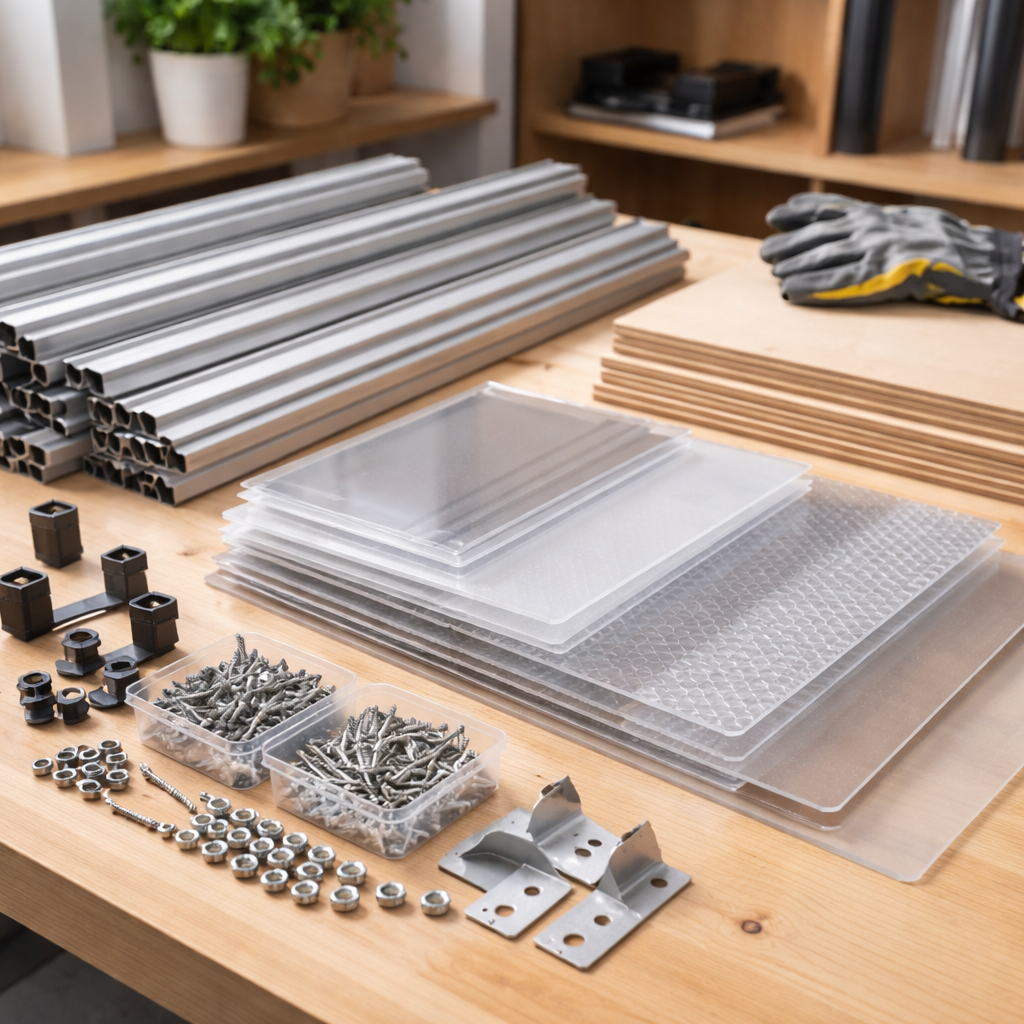 Beispielmaterialien auf einem Tisch: Aluminiumprofile, Acrylplatten, Polycarbonat-Scheiben, Holzplatten und Schrauben, ordentlich sortiert.