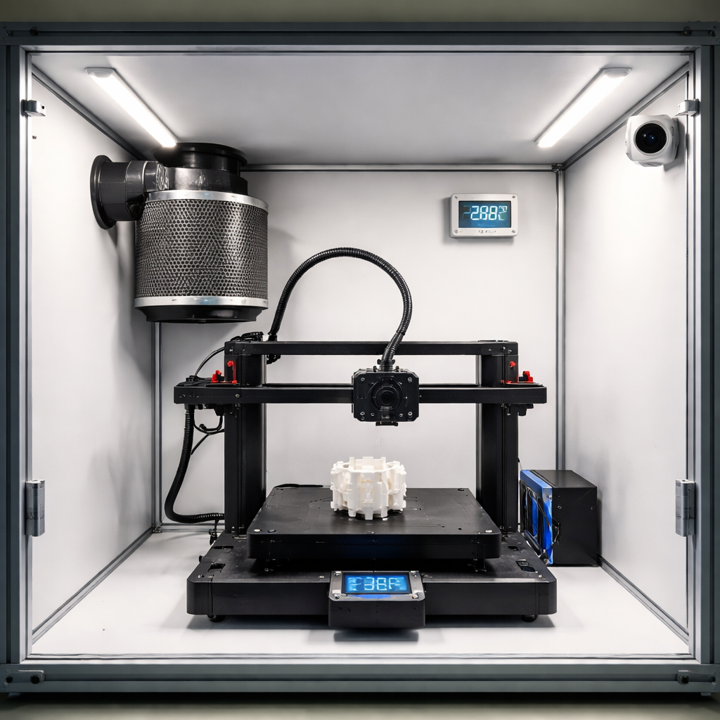 Innenansicht einer Einhausung mit LED-Beleuchtung, sichtbarem Temperatursensor, Aktivkohlefilter und einer kleinen Kamera an der oberen Ecke.