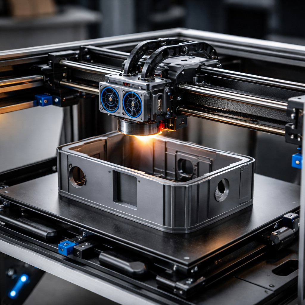 Ein schneller CoreXY‑Drucker in Aktion: die Druckkopfanordnung und ein teilweise gedrucktes Gehäuse, um die kompakte, steife Bauweise zu zeigen.