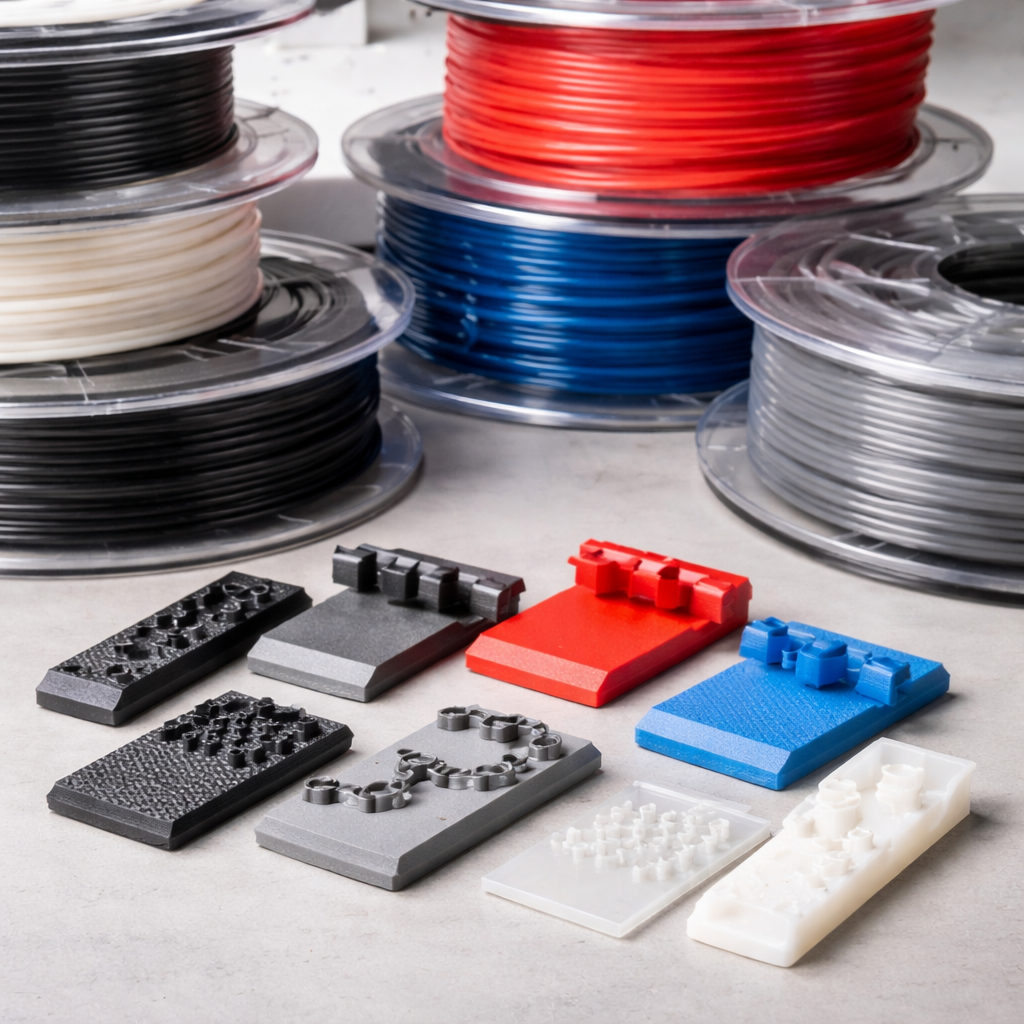 Nahaufnahme verschiedener Filamentrollen (PLA, PETG, TPU, carbon‑gefüllt) und kleine Probetafeln, die mechanische Unterschiede und Oberflächen zeigen.
