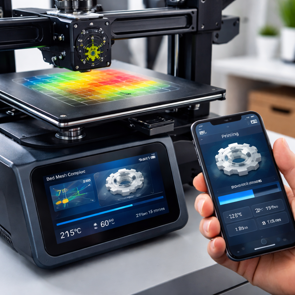 Ein Drucker‑Display zeigt ein automatisches Bed‑Mesh und eine App meldet den aktuellen Druckstatus, um das Zusammenspiel von Gerät und Software zu visualisieren.