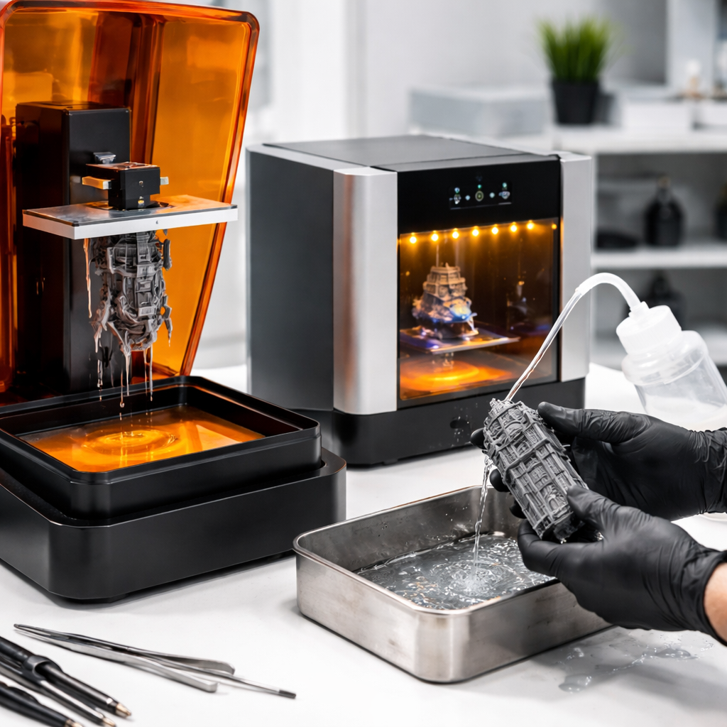 Ein Resin‑Drucker mit geöffneter Druckwanne, daneben eine Nachhärte‑Station und eine Person mit Handschuhen, die ein Modell reinigt (ohne Gesichtserkennung).